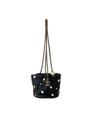 Chanel Shoulder Bag Quilted Black Chain Gold Faux Pearl Drawstring Mini Lambskin